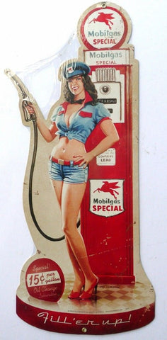 Tin Sign - Mobil Gas Fill er up Tin Sign - Retro Gas pinup girl with Mobil bowser