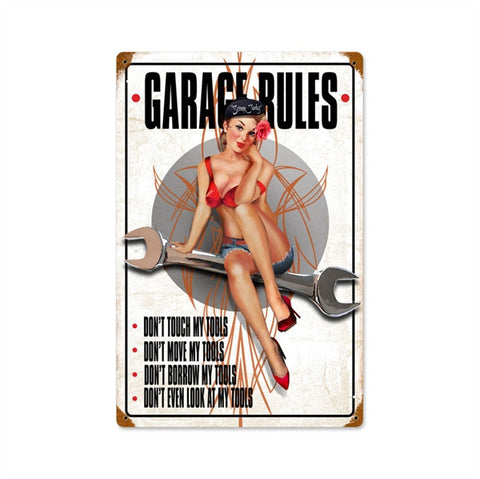 Tin Sign - Garage Rules Pin Striped