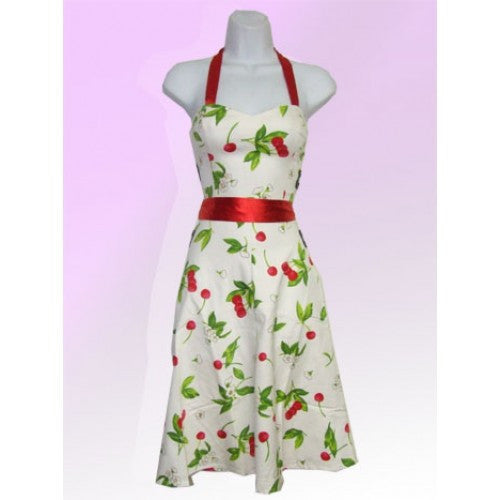 White Cherry Dress Halter neck with red Satin belt